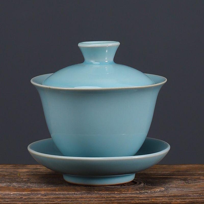 驰诺天青色汝窑汝窑三才盖碗茶杯天青色高端复古官窑陶瓷茶具大号功夫