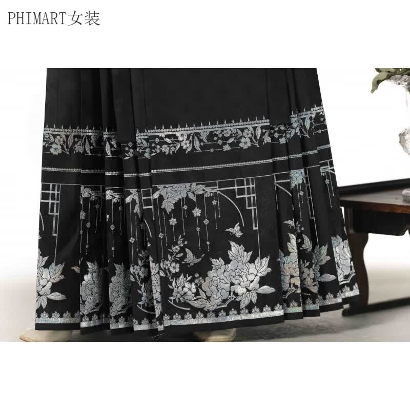 PHIMART汉坊华高精密缎面织金彩银黑色仿螺钿马面裙日常通勤汉服明飞机袖 黑色彩银马面裙 M使用感如何?