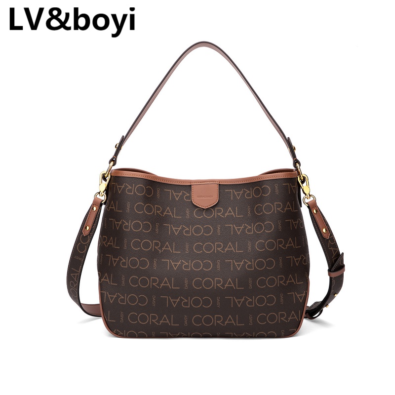 lvboyi包包印花大容量水桶包单肩包包女式斜挎包女包慵懒休闲风 咖啡