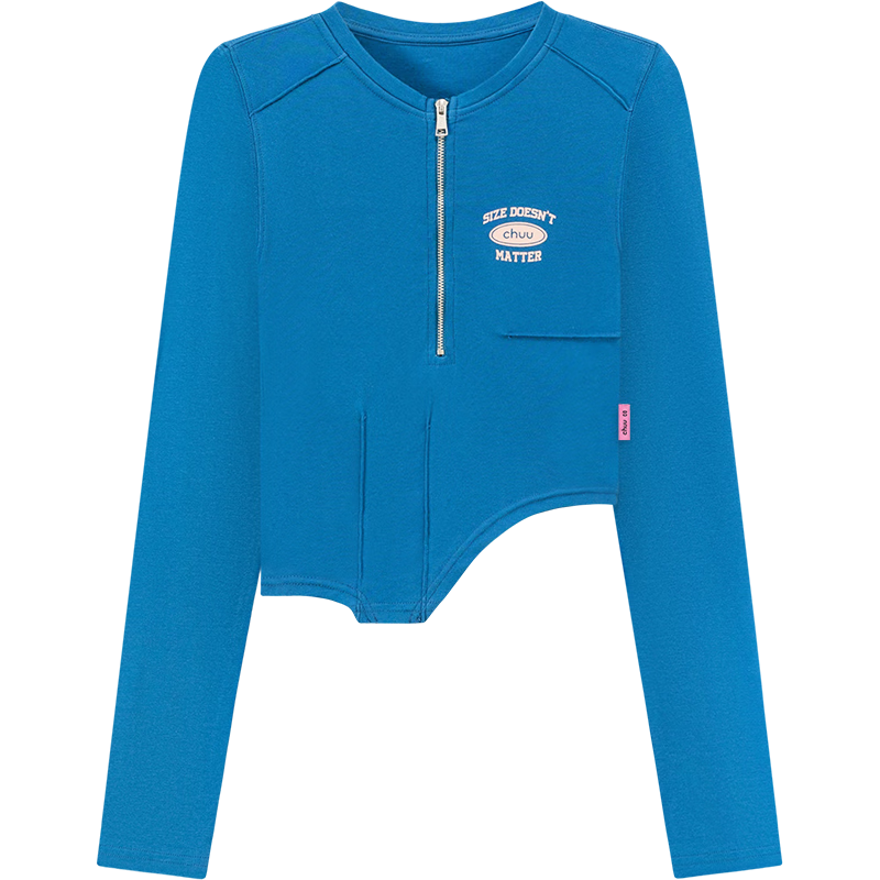 CHUU字母印花长袖T恤女士2025夏季新品不规则修身拉链打底上衣 海军蓝 均码