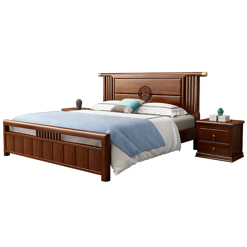 景腾 床 新中式实木床主卧大床1.8米高箱储物双人床现代轻奢单人床大户型卧室家具 床+棕垫+床头柜x2 1.8米*2米标准款
