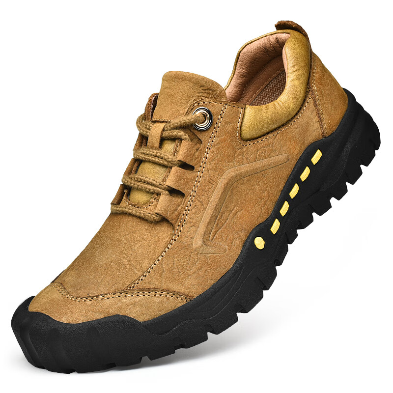 真皮登山鞋防滑牛皮鞋子厚底男士将肯休闲皮鞋 低帮卡其色 38码