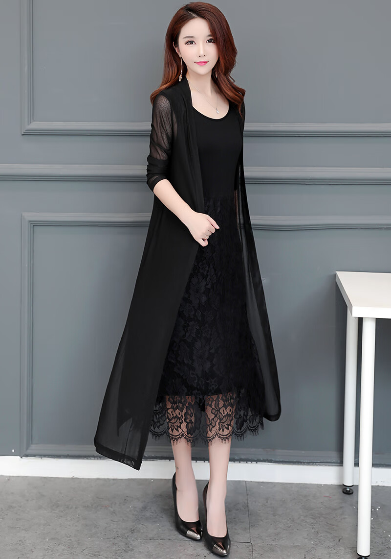 针织开衫女外搭空调衫披肩外套过膝披风薄款夏季长款针织衫 黑色 xl