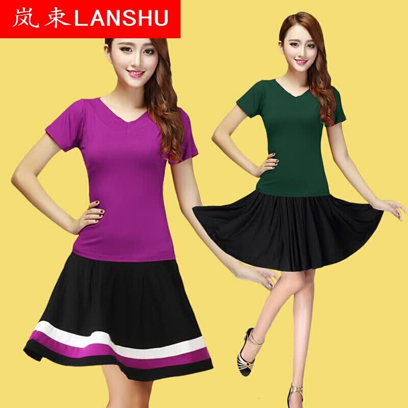 广场舞服装新款上衣莫代尔夏季舞蹈练功服中老年跳舞衣大全女 墨绿v领