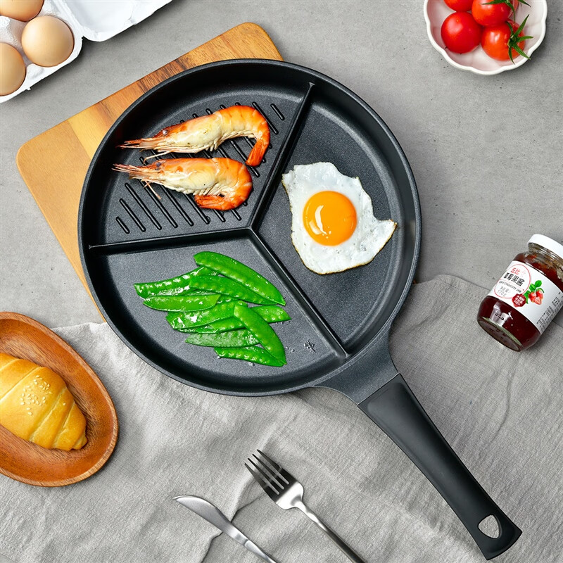 拓进三格煎锅三格锅煎锅不粘锅三分格煎盘多用途健身锅三 红色 锅三