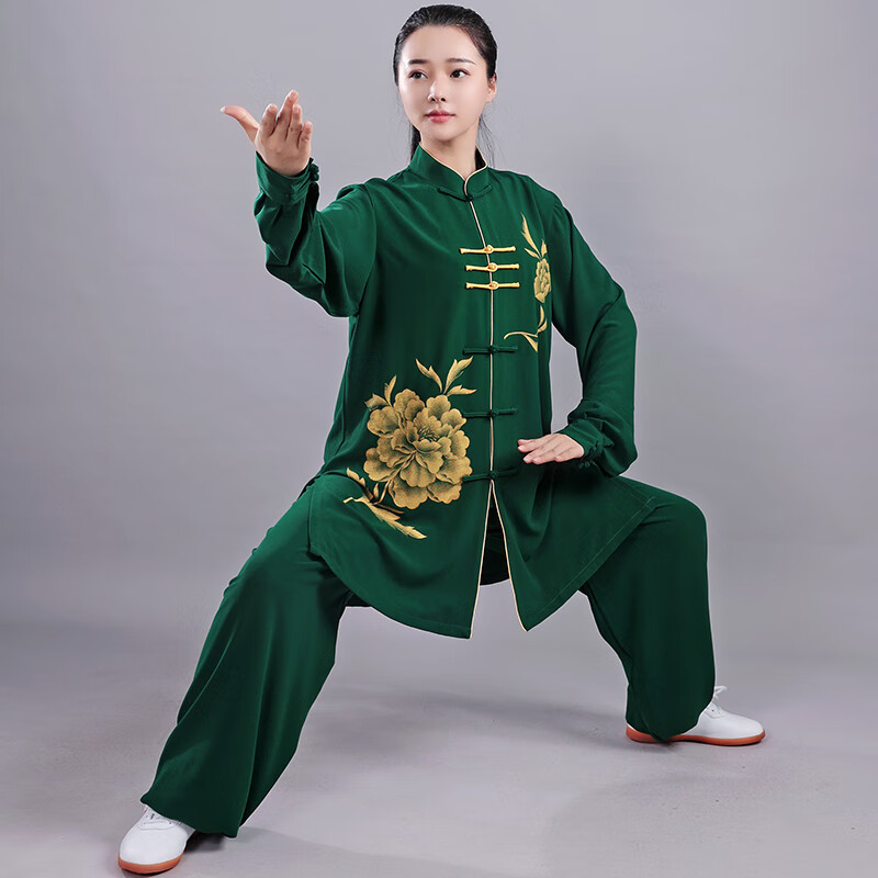 高端夏款太极服中长款练功服男女武术太极拳春秋晨练表演服装 墨绿