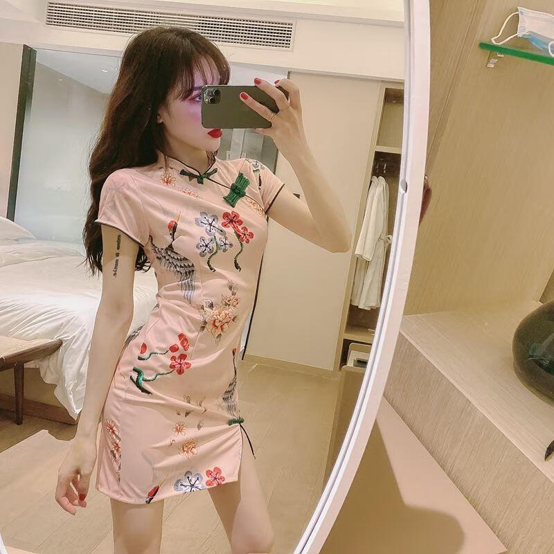 知特短款改良旗袍中国风女装小个子夏少连衣裙紧身开叉花裙子2023新款
