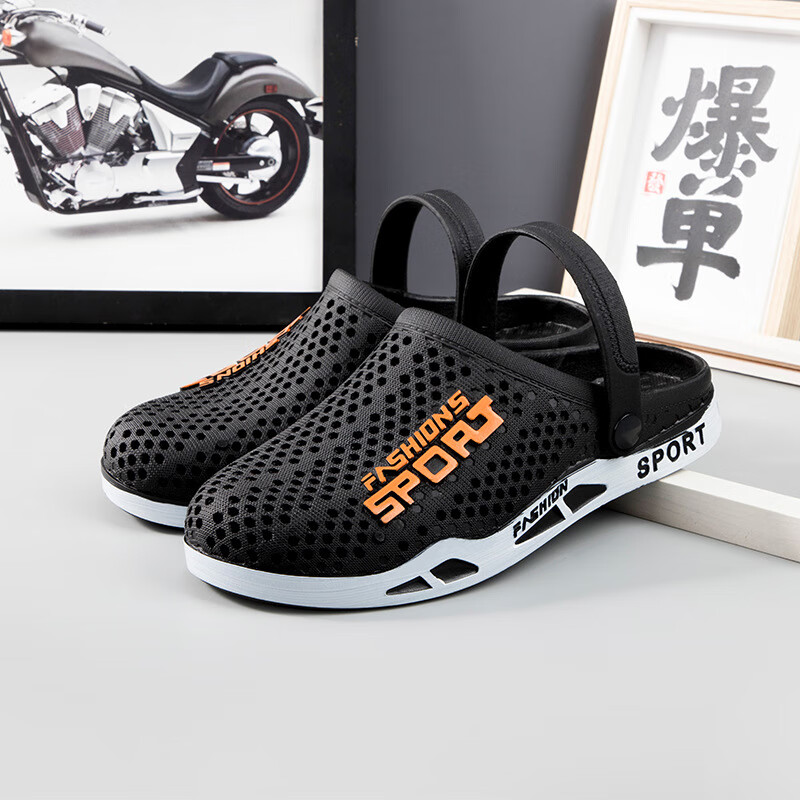 夏季洞洞鞋男士防滑厚底透气休闲户外新款外穿沙滩包头凉拖鞋 黑色 39码【偏小一码】