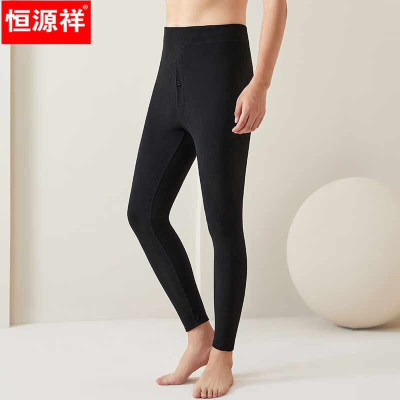 恒源祥男士加绒薄款冬季新品护膝保暖裤修身打底裤弹力高腰中老年秋裤 黑色480克 L (165) 建议（95-130斤）
