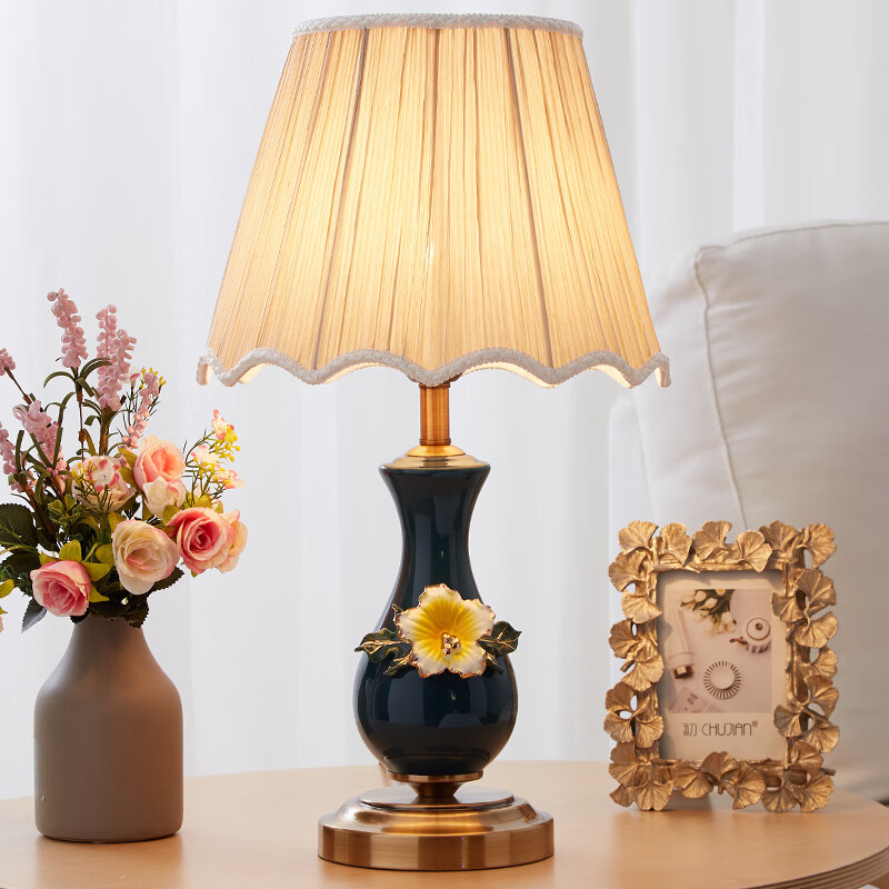 卡希蒂纳欧式复古小台灯卧室床头灯客厅书房美式温馨婚房书桌创意调光装饰 TC004-深蓝珐琅彩+米黄灯罩 遥控开关