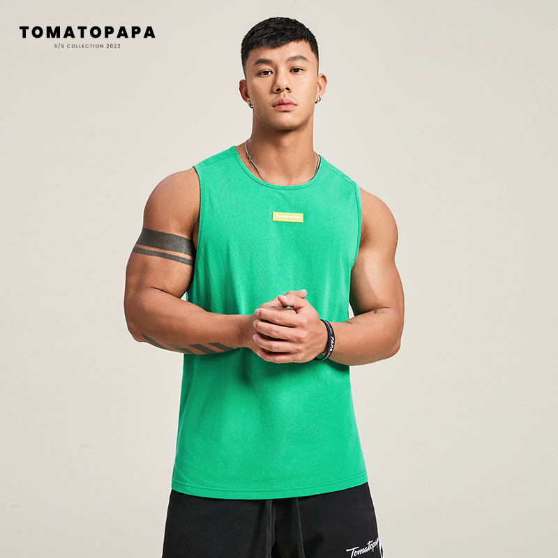 TOMATOPAPA原创夏季运动背心男潮牌健身合身无袖篮球打底潮牌上衣 绿色 S