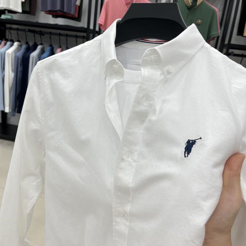 POLO100纯棉纯色长袖男士衬衫春秋刺绣商务休闲牛津纺男工装 天蓝 4XL 建议190-210斤