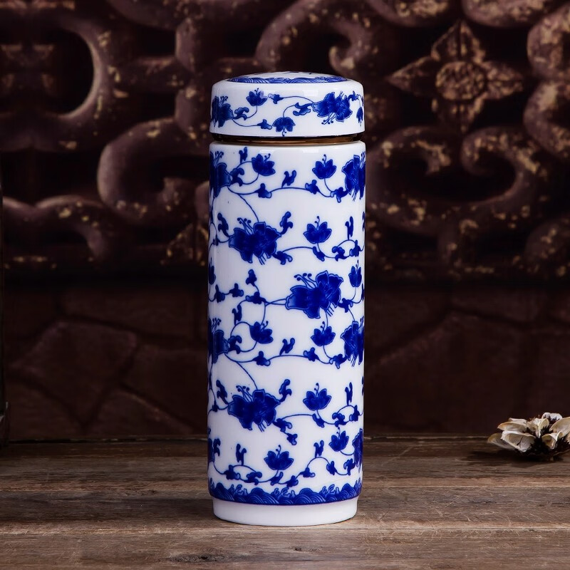 瑾睿茗瓷 景德镇陶瓷双层内胆带盖保温水杯便携喝茶杯办公青花瓷杯子