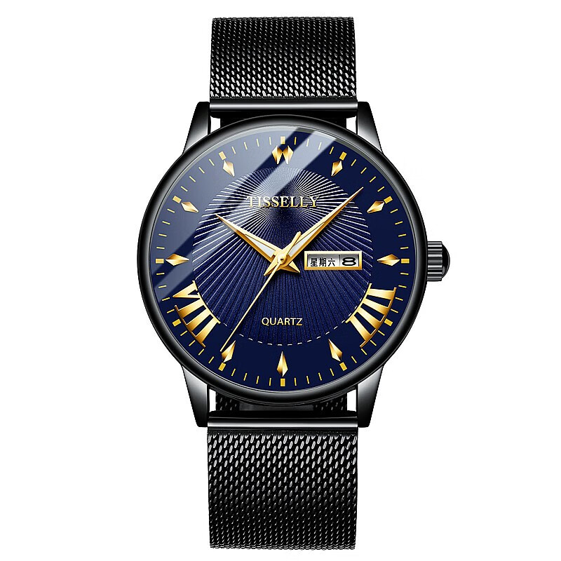 tisselly新款经典罗马男表夜光防水钢带双日历多功能腕表男士品牌手表
