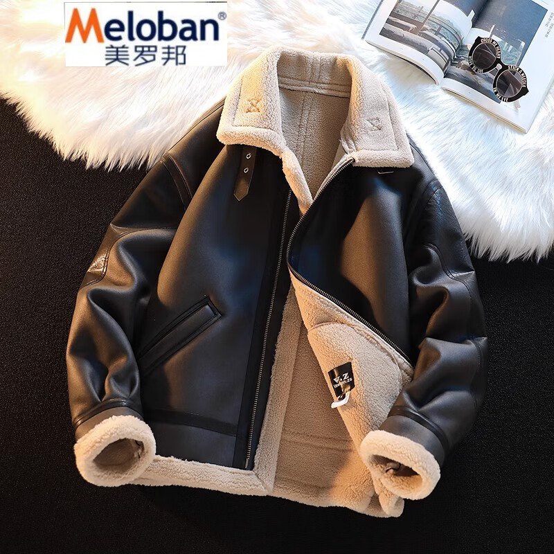 美罗邦（Meloban）皮毛一体男士冬季大码加绒加厚棉衣皮衣短款机车服2023新款夹克男 深军绿色 M属于什么档次？