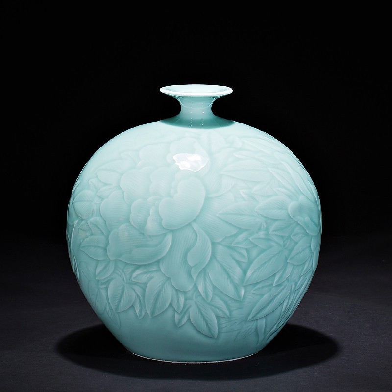 裂均 景德镇陶瓷器花瓶手工雕刻影青石榴瓶 家居客厅装饰品摆件