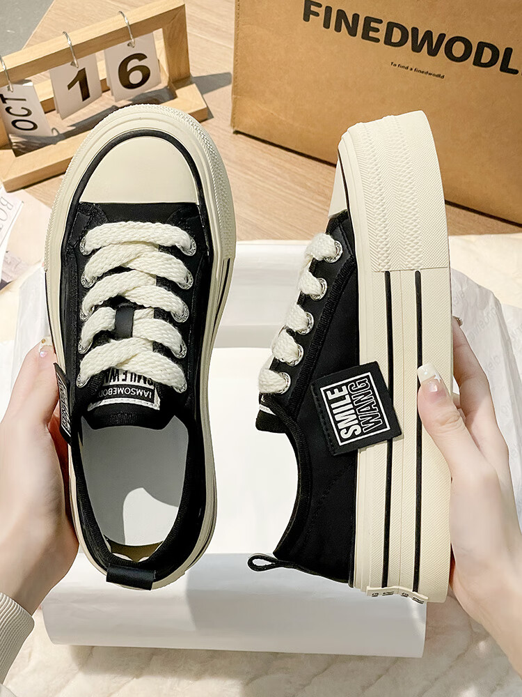 盛绾厚底帆布鞋女新款韩版小个子增高圆头系带低帮板小白鞋 黑色 35
