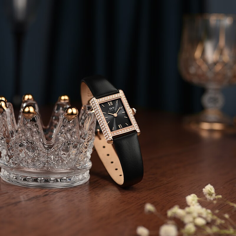 爱沃驰瑞士达芬奇系列经典校园风石英手表女士表七夕生日礼物送女友 玫金壳黑面|黑皮带