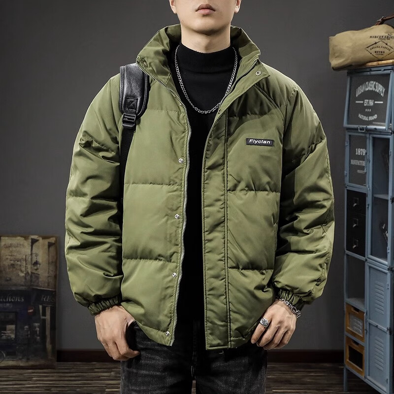 潮天士冬季保暖90%白鸭绒男士立领羽绒服宽松加厚面包服休闲情侣外套 军绿色 M【100-130斤】