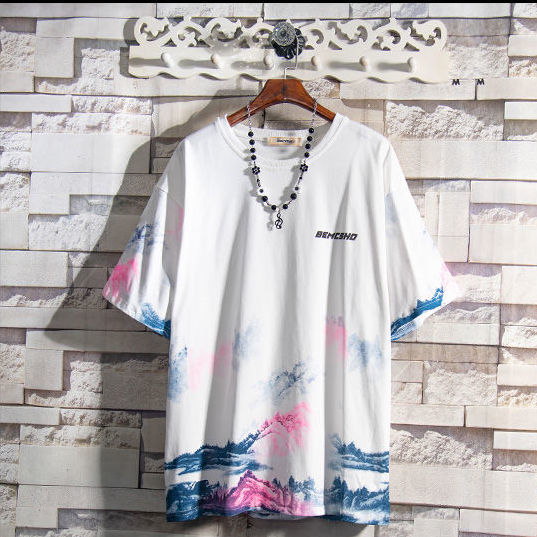 夏季ins潮牌中国风泼濹扎染色短袖t恤衫男士情侣学生宽松体恤半袖