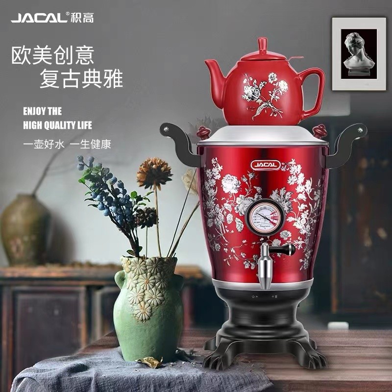 积高（JACAL） GL-T19恒温电茶壶印花复古欧式烧水壶大容量茶炊壶保温电热水壶电茶壶子母壶 红色