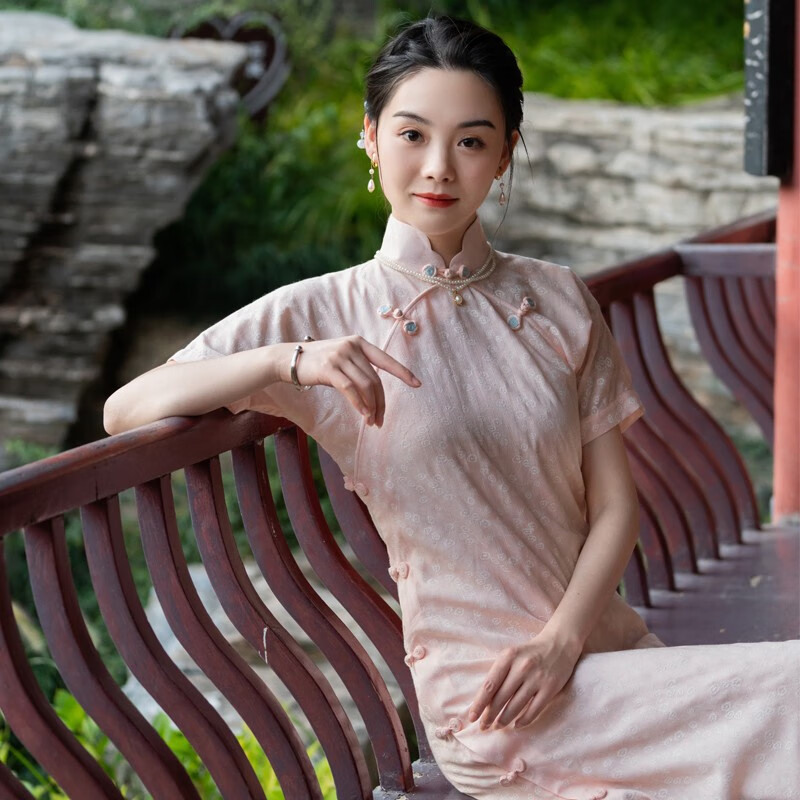 逸福(efu)逸福秋夏新款复古风中式日常旗袍裙长款年轻款粉色棉布