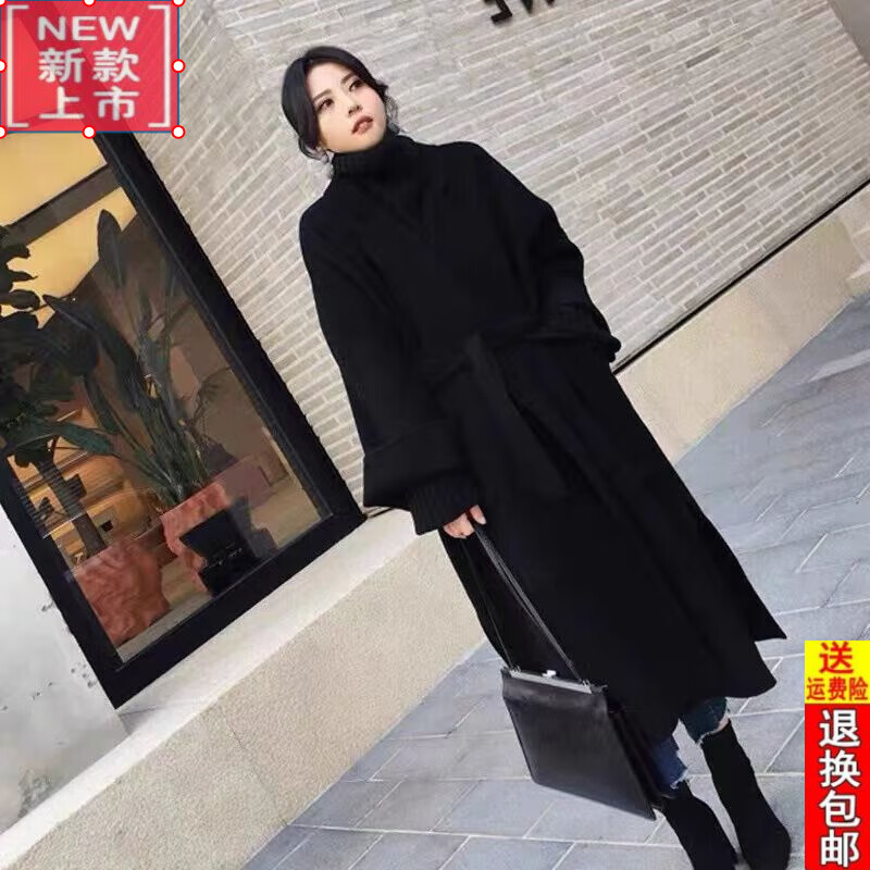 时尚洋气显瘦双面羊绒大衣女2022中长款宽松韩国手工系带羊毛大衣加厚毛呢外套 黑色 L_140-170