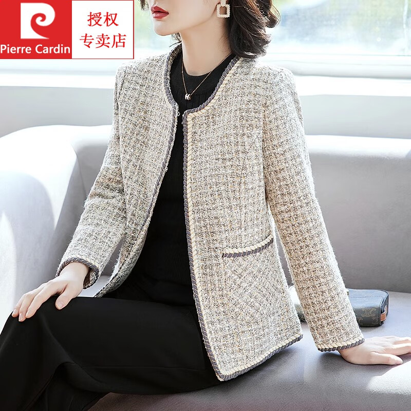 皮爾卡丹（pierre cardin）婦女春秋裝西裝外套洋氣中老年女裝40歲50年輕女士小香風上衣時尚 灰白色 XXL