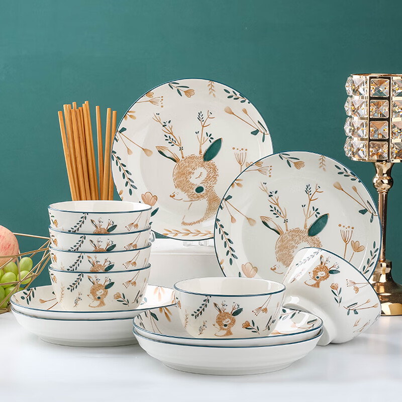万享小鹿日式釉下碗碟套装家用陶瓷餐具碗筷面碗汤碗盘筷组合碗