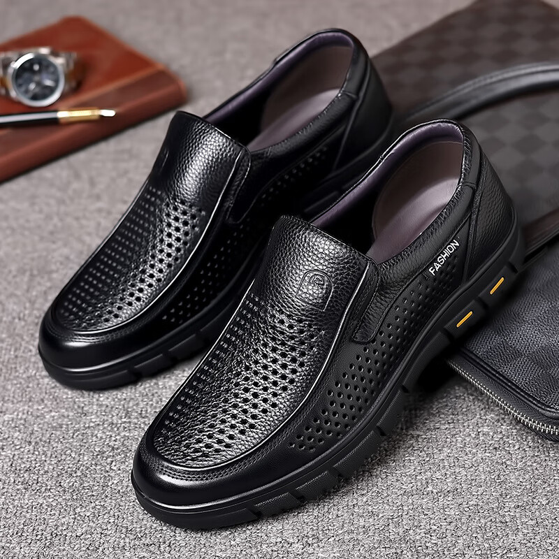 老人头层牛皮大码凉鞋皮鞋洞洞男鞋真皮爸爸鞋中老年软皮透气防滑 【头层牛皮】黑色 洞洞款 41