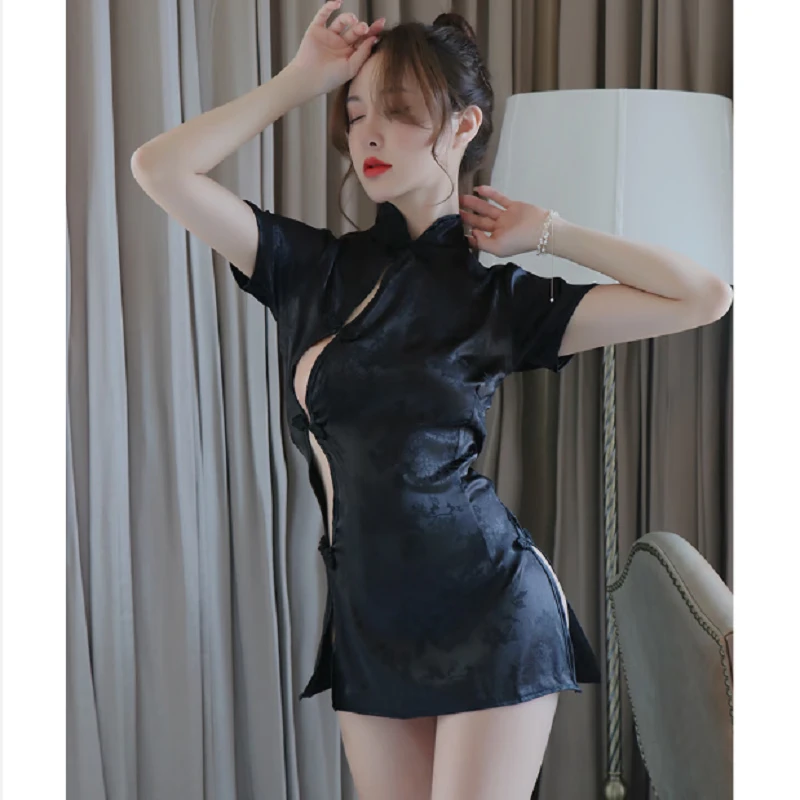 奥义驰性感复古风透视侧叉开旗袍民国风学生纯欲套装 性感旗袍-黑色【含内裤】  均码【建议80-120斤】