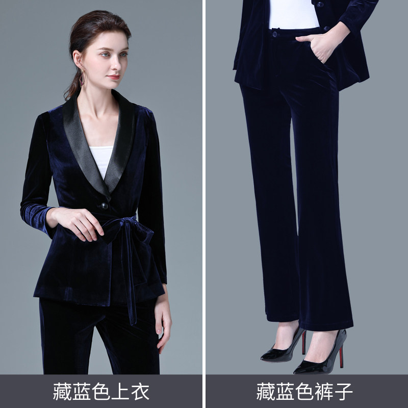 金丝绒西装套装女面试休闲小西服时尚修身帅气 藏蓝色【上衣 裤子 s