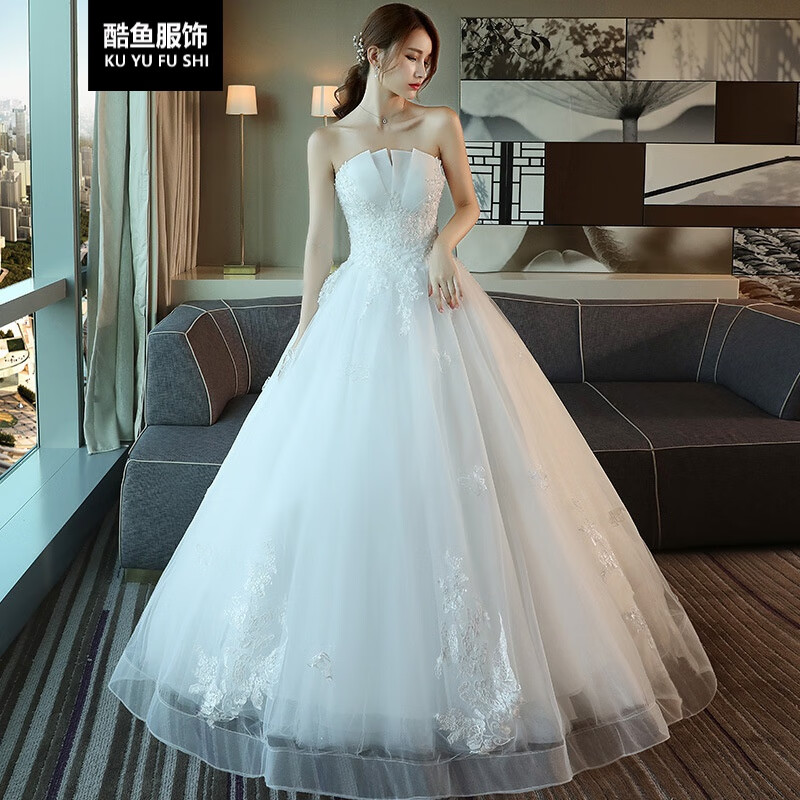 轻婚纱礼服2021新款韩式简约抹胸洋气结婚拖尾修身婚纱 1808齐地款式