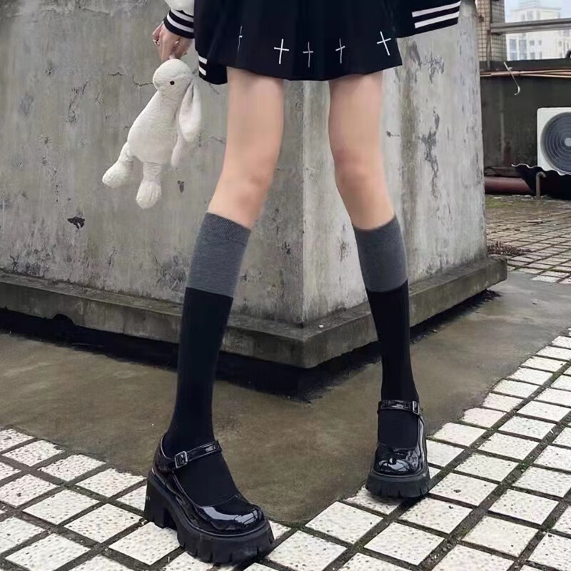 色袜子女小腿袜女春秋款黑灰拼接半腿小腿袜长筒过膝高筒袜子 膝下款