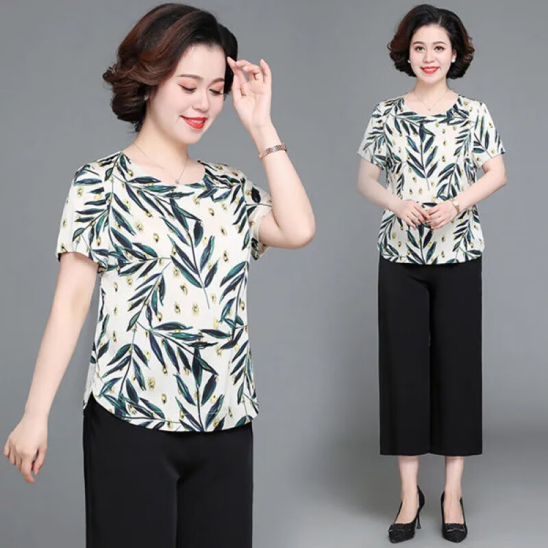 女人冰丝麻半袖中年人穿的短袖衣服夏天t恤半截袖妈妈套 白底树叶套装