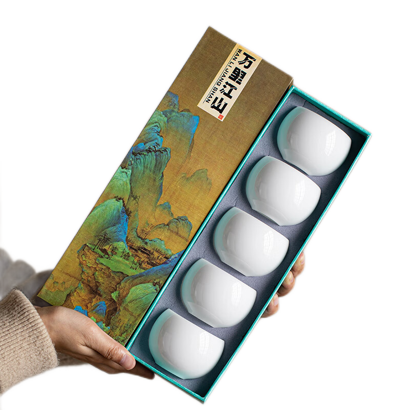 金鑲玉冰種玉瓷套裝主人杯 羊脂玉白瓷茶杯高檔陶瓷個(gè)人品茗杯家用組合 冰種玉瓷主人杯5件套