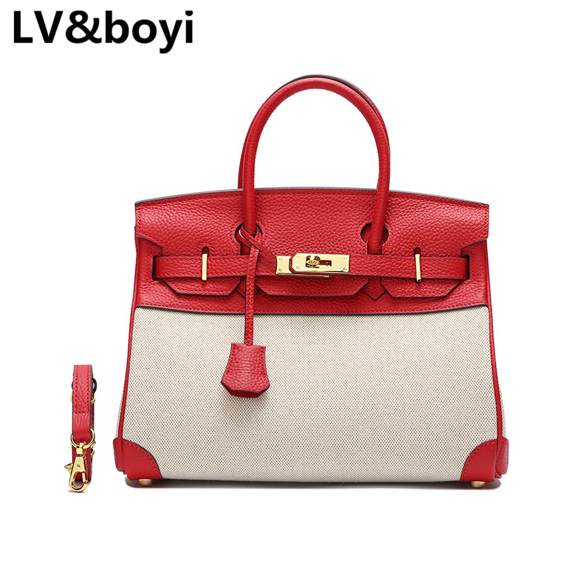 lv&boyi奢侈品品牌包包2022新款拼色女士手提包头层牛皮铂金包时尚
