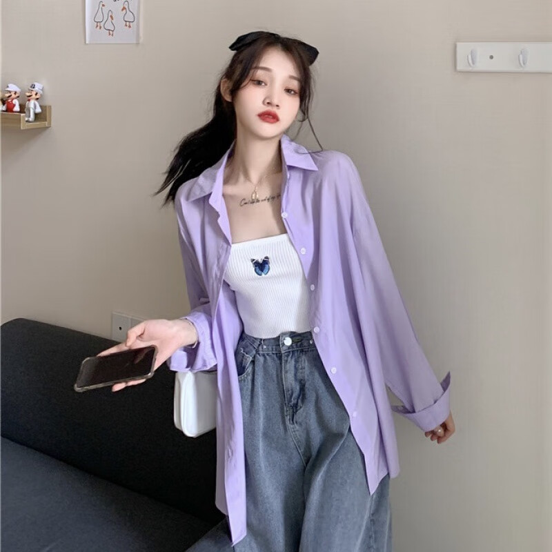 雷黛茜春夏外穿衬衫女宽松薄款紫色设计感小众长袖衬衣外套女上衣潮 紫色衬衫 S 85-100