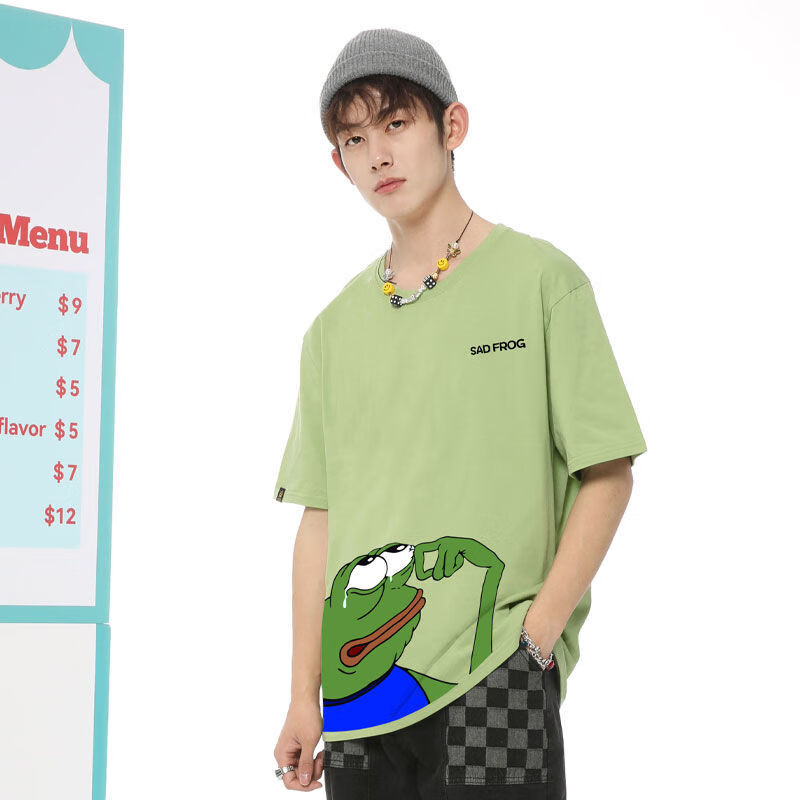 英梵度孤寡青蛙短袖欧美街头风宽松悲伤蛙t恤男衣服高街ins潮夏 白色1