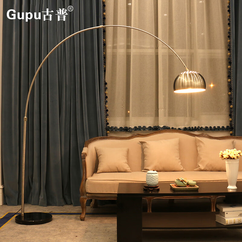 古普（Gupu） 钓鱼落地灯北欧极简轻奢客厅卧室沙发麻将LED遥控立式灯 电镀银中号+18W三档调光 黄光