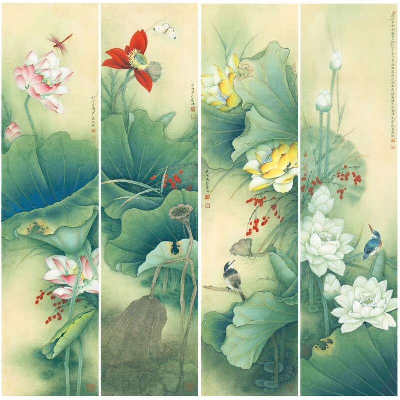 桔舍 李晓明工笔画白描底稿荷花四条屏初学者临摹画稿原大尺寸34*137