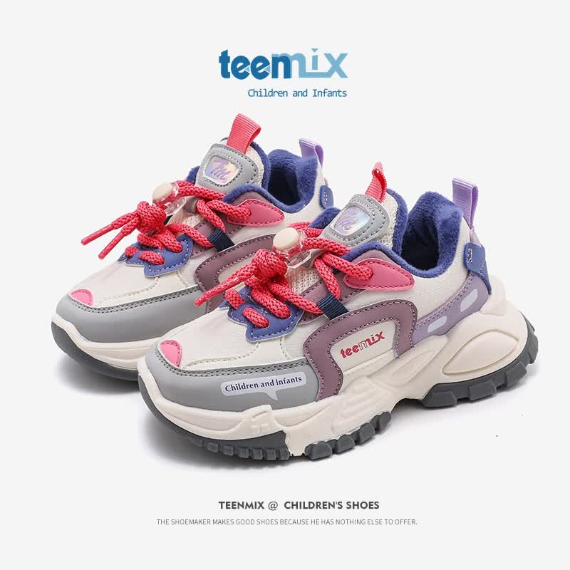 天美意（TEENMIX）女童鞋子2023秋冬季新款宝宝老爹鞋加绒儿童运动鞋中大童潮 紫色（加绒） 35 适合脚长208mm属于什么档次？