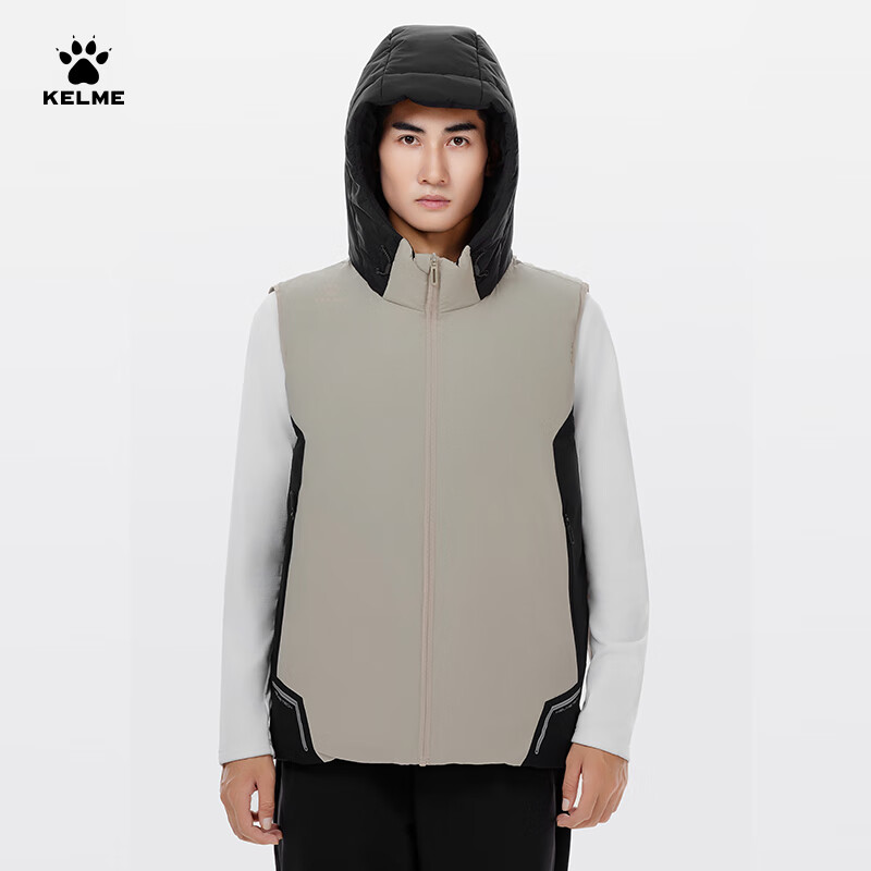 卡尔美(KELME)棉马甲男冬季新款保暖加厚连帽背心 通勤运动综训棉服外套 灰麦色 3XL