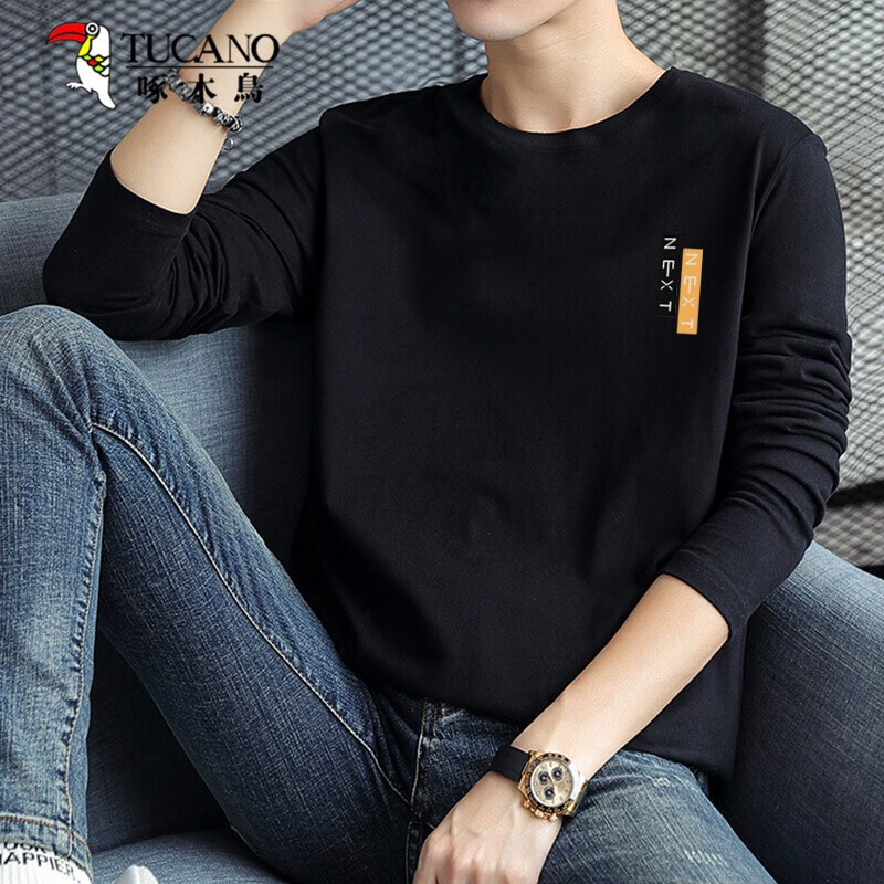 啄木鸟（TUCANO）长袖t恤男 圆领印花纯棉T恤休闲百搭打底衫衣服男装 黑色【长袖】 4XL