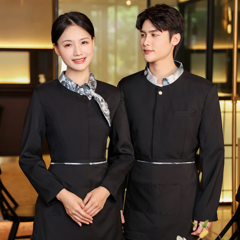 男女饭店酒店前厅传菜员工装餐厅餐饮茶楼员工秋冬上衣 女黑色白领 m