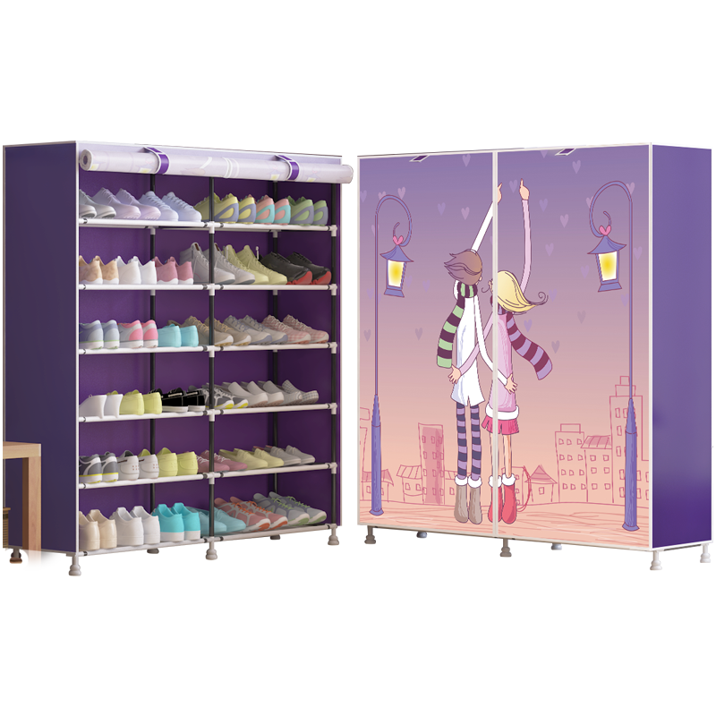 乐活时光 简易鞋架门口多层双排布艺防尘鞋架子钢管加粗组装防尘经济型收纳 双排银灰—带拉链