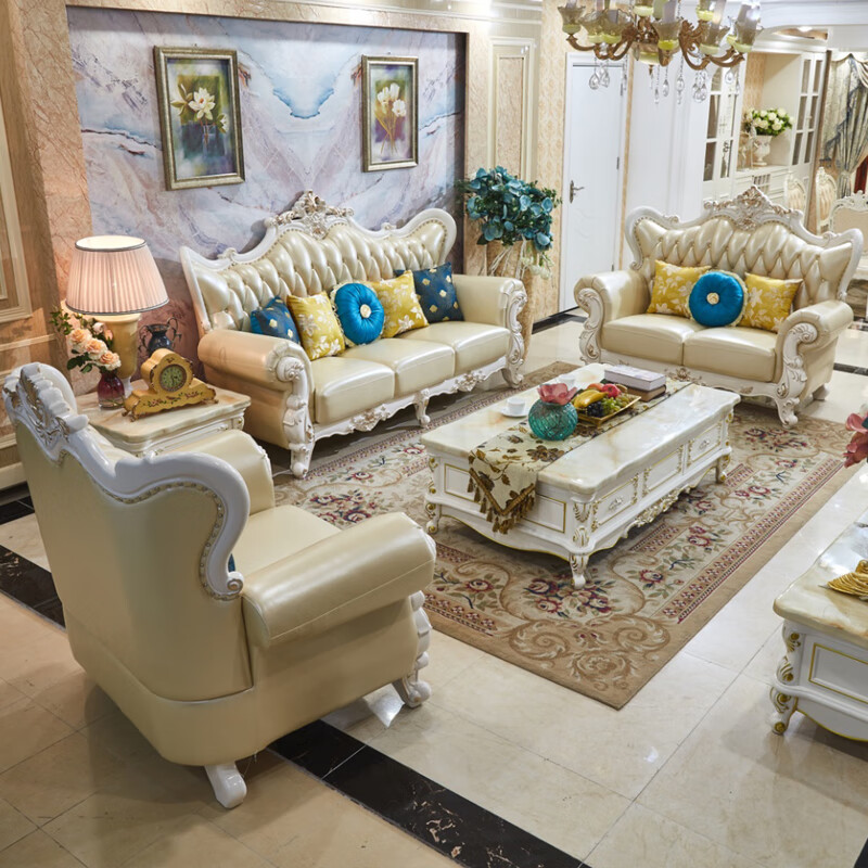 欧蒂奴 欧式真皮沙发 欧式客厅组合沙发 实木双面雕花真皮沙发 简约小户 国产头层牛皮单人位 组合