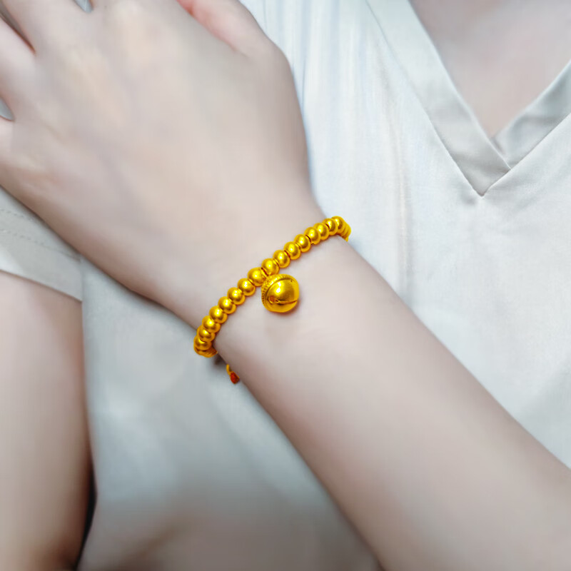 匠蕴黄金手链女足金手串古法圆珠大铃铛宫铃编绳不易断可调节送礼 手