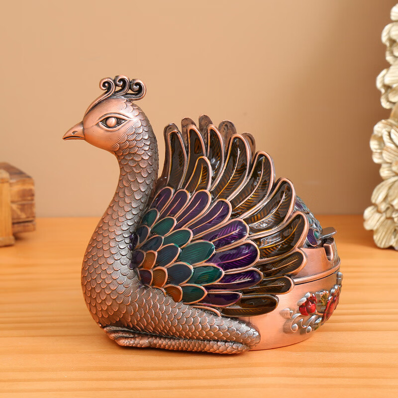 欧式烟灰缸车载复古高端大气上档次烟灰缸便携家用办公室带盖防飞 红古彩色孔雀（3D立体）