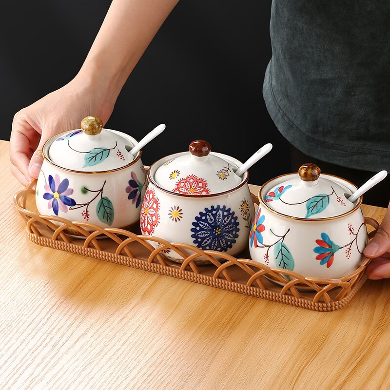 三多九如 调料罐套装家用调味盒陶瓷调料器皿组合厨房盐罐辣椒油罐 调味罐三件套【三花混合装】